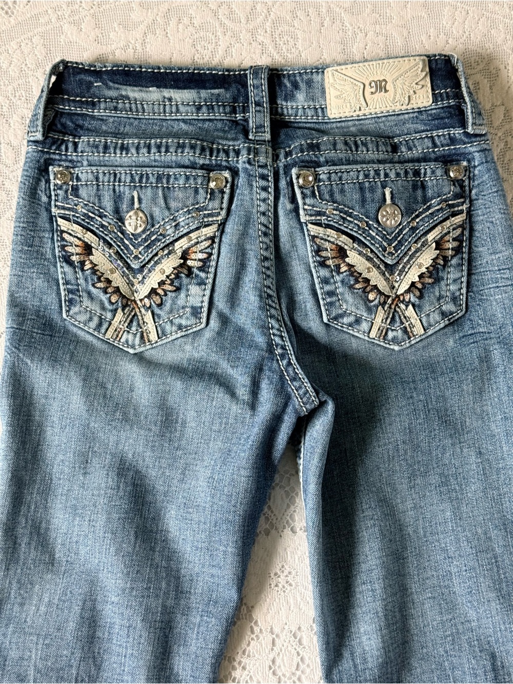 Miss Me Wing Flap Pocket Bootcut Distressed Bling‎ Jeans Sz 26